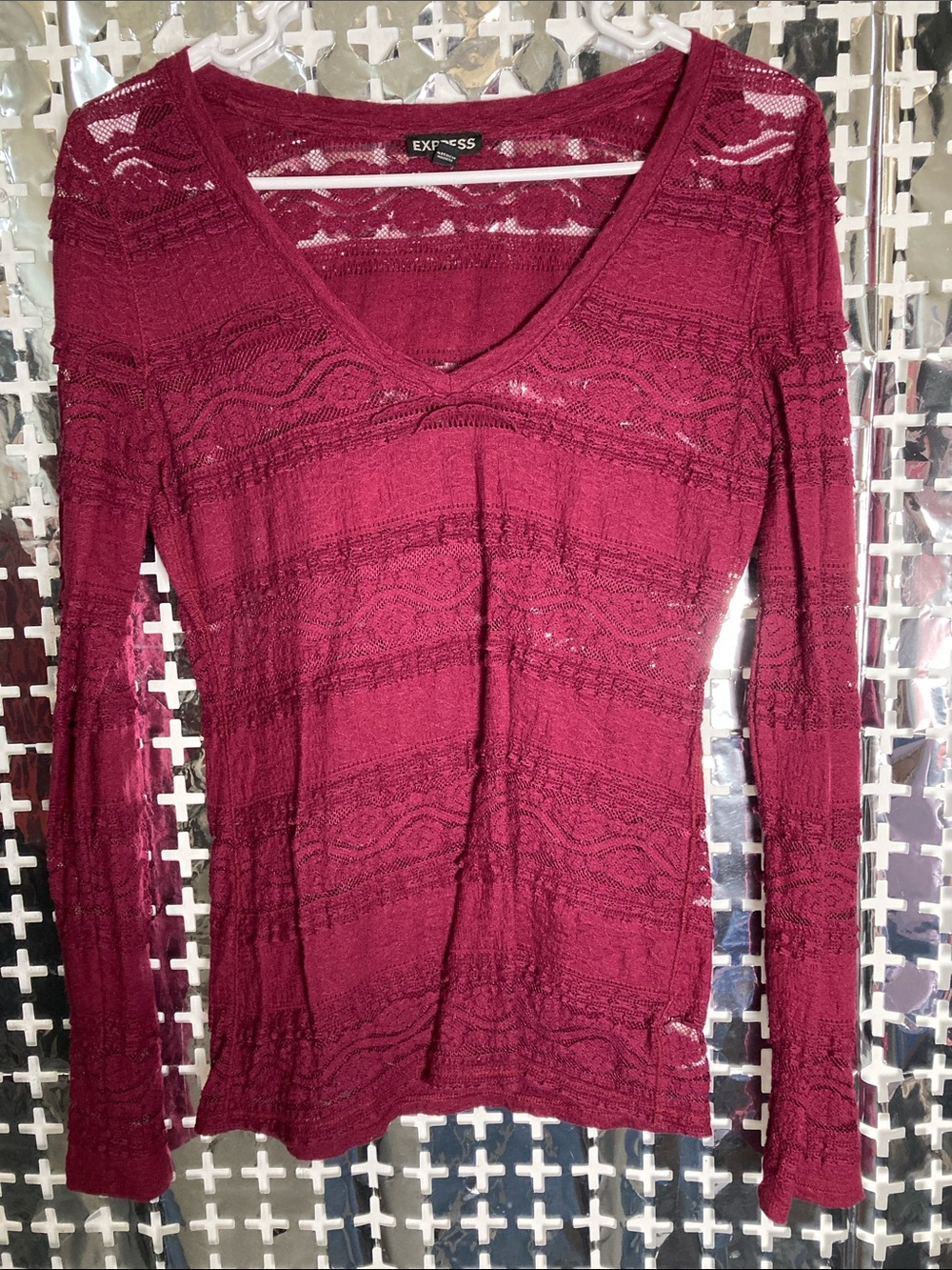 Express Burgundy Lace-Pattern V-Neck Long Sleeve Top